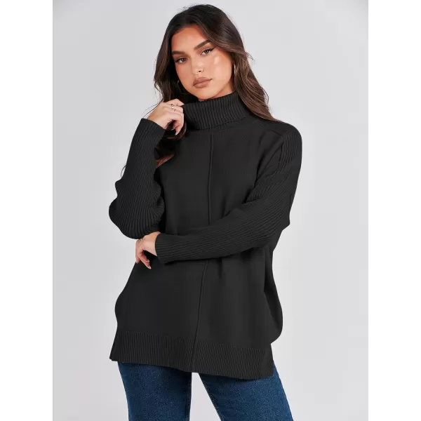imageANRABESS Womens Turtleneck Oversized Sweaters 2023 Fall Long Sleeve Knit Split Hem Tunic Pullover TopsBlack