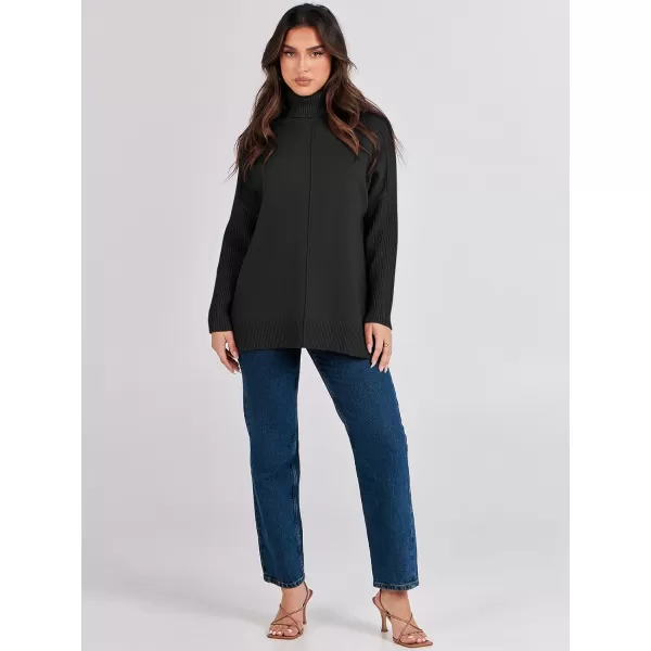 imageANRABESS Womens Turtleneck Oversized Sweaters 2023 Fall Long Sleeve Knit Split Hem Tunic Pullover TopsBlack