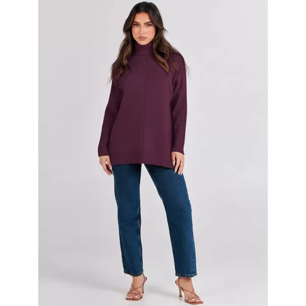 imageANRABESS Womens Turtleneck Oversized Sweaters 2023 Fall Long Sleeve Knit Split Hem Tunic Pullover TopsBurgundy