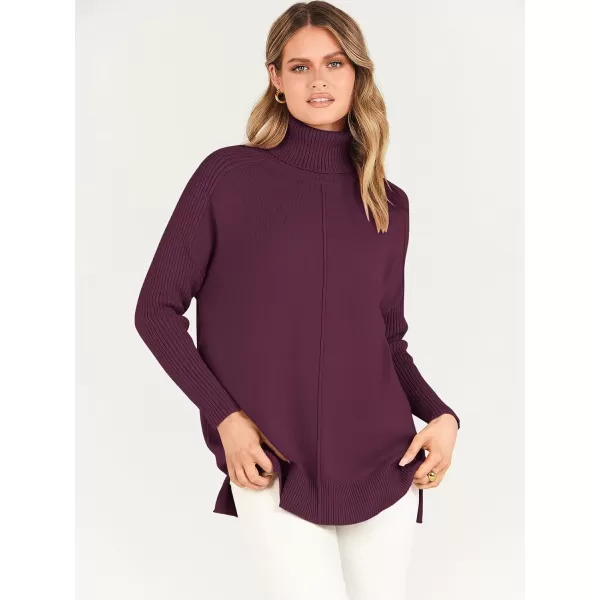 imageANRABESS Womens Turtleneck Oversized Sweaters 2023 Fall Long Sleeve Knit Split Hem Tunic Pullover TopsBurgundy