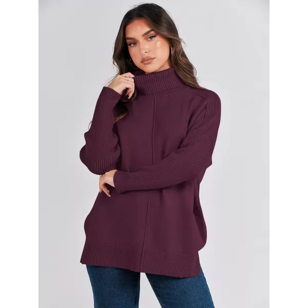 imageANRABESS Womens Turtleneck Oversized Sweaters 2023 Fall Long Sleeve Knit Split Hem Tunic Pullover TopsBurgundy