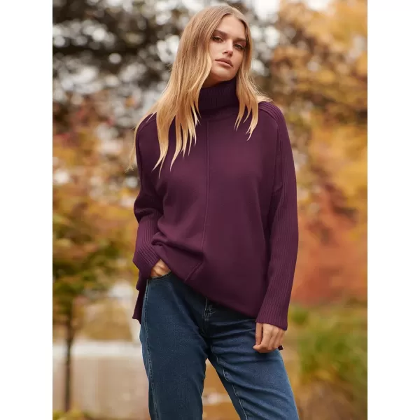imageANRABESS Womens Turtleneck Oversized Sweaters 2023 Fall Long Sleeve Knit Split Hem Tunic Pullover TopsBurgundy