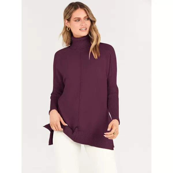 imageANRABESS Womens Turtleneck Oversized Sweaters 2023 Fall Long Sleeve Knit Split Hem Tunic Pullover TopsBurgundy