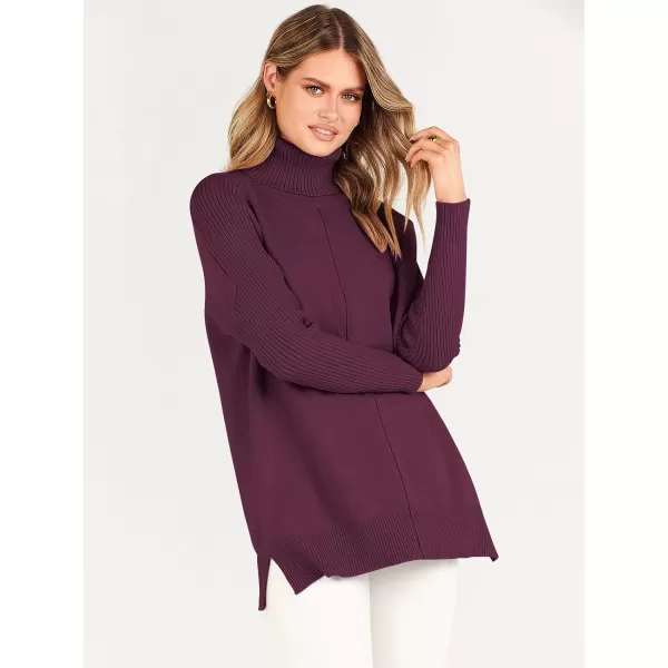 imageANRABESS Womens Turtleneck Oversized Sweaters 2023 Fall Long Sleeve Knit Split Hem Tunic Pullover TopsBurgundy