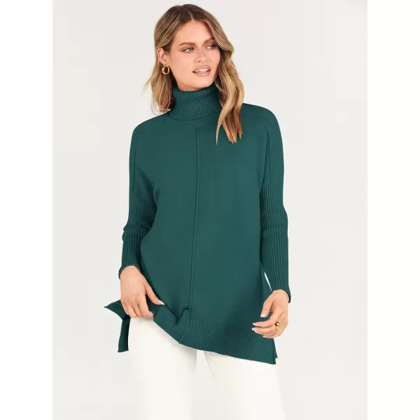 imageANRABESS Womens Turtleneck Oversized Sweaters 2023 Fall Long Sleeve Knit Split Hem Tunic Pullover TopsDeep Green
