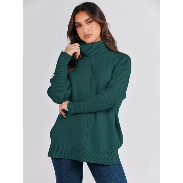 imageANRABESS Womens Turtleneck Oversized Sweaters 2023 Fall Long Sleeve Knit Split Hem Tunic Pullover TopsDeep Green