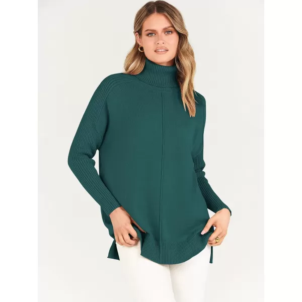 imageANRABESS Womens Turtleneck Oversized Sweaters 2023 Fall Long Sleeve Knit Split Hem Tunic Pullover TopsDeep Green