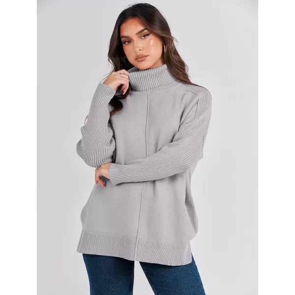 imageANRABESS Womens Turtleneck Oversized Sweaters 2023 Fall Long Sleeve Knit Split Hem Tunic Pullover TopsGray
