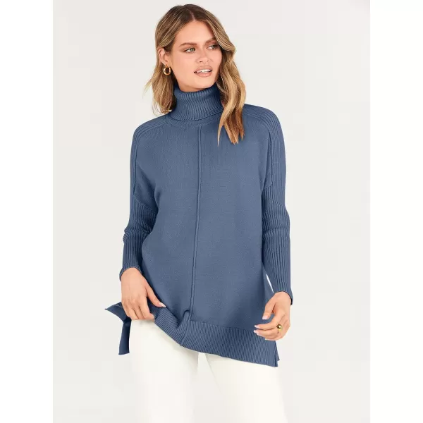 imageANRABESS Womens Turtleneck Oversized Sweaters 2023 Fall Long Sleeve Knit Split Hem Tunic Pullover TopsIndigo