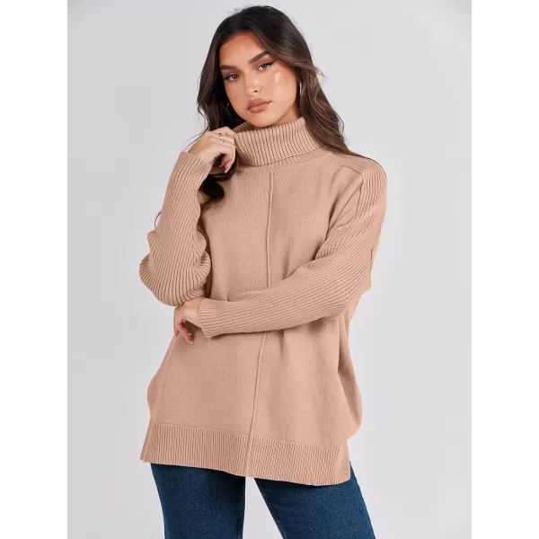 imageANRABESS Womens Turtleneck Oversized Sweaters 2023 Fall Long Sleeve Knit Split Hem Tunic Pullover TopsKhaki Pink