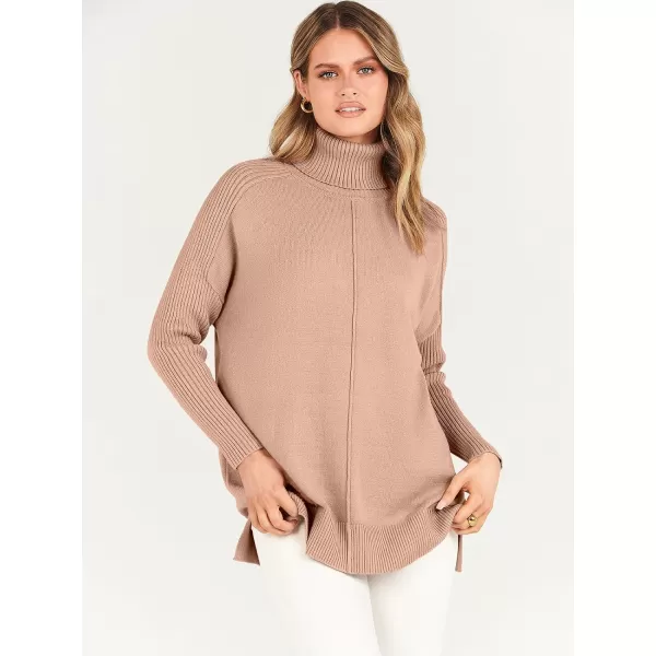 imageANRABESS Womens Turtleneck Oversized Sweaters 2023 Fall Long Sleeve Knit Split Hem Tunic Pullover TopsKhaki Pink