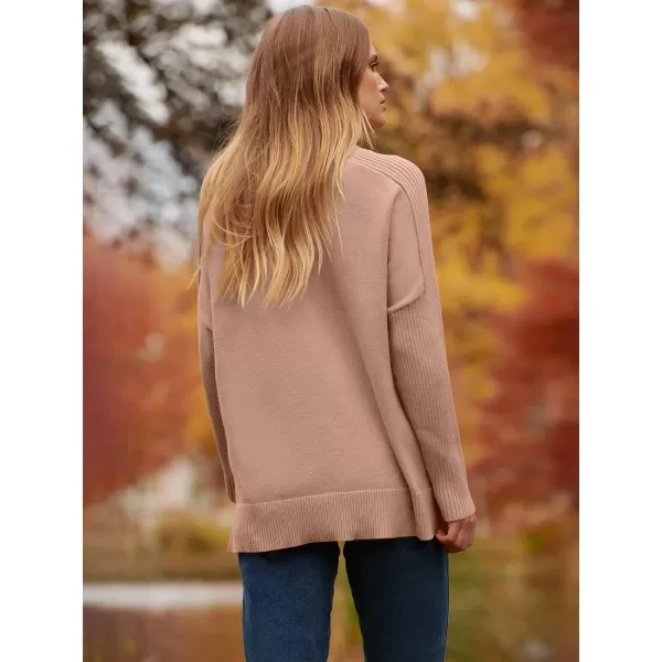 imageANRABESS Womens Turtleneck Oversized Sweaters 2023 Fall Long Sleeve Knit Split Hem Tunic Pullover TopsKhaki Pink