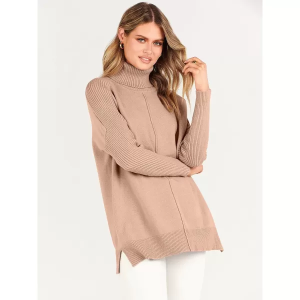 imageANRABESS Womens Turtleneck Oversized Sweaters 2023 Fall Long Sleeve Knit Split Hem Tunic Pullover TopsKhaki Pink