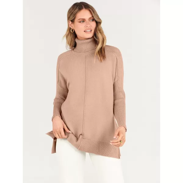 imageANRABESS Womens Turtleneck Oversized Sweaters 2023 Fall Long Sleeve Knit Split Hem Tunic Pullover TopsKhaki Pink