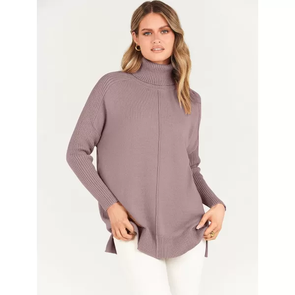 imageANRABESS Womens Turtleneck Oversized Sweaters 2023 Fall Long Sleeve Knit Split Hem Tunic Pullover TopsNutmeg