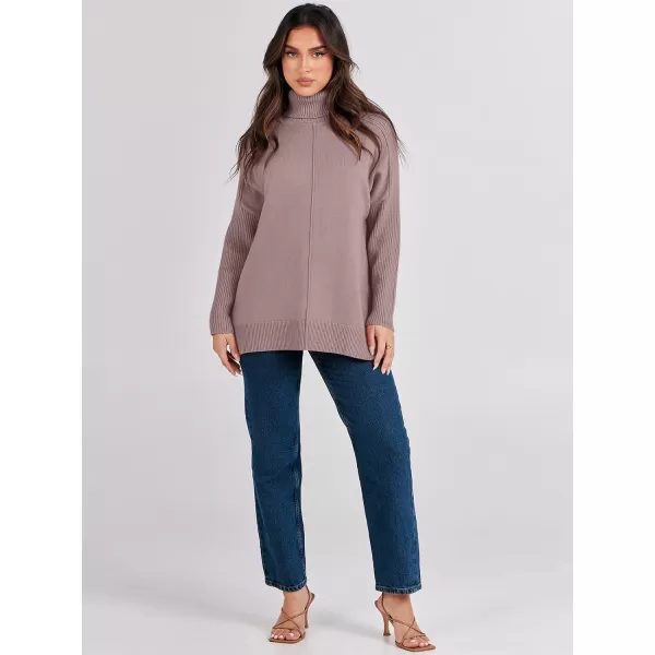 imageANRABESS Womens Turtleneck Oversized Sweaters 2023 Fall Long Sleeve Knit Split Hem Tunic Pullover TopsNutmeg