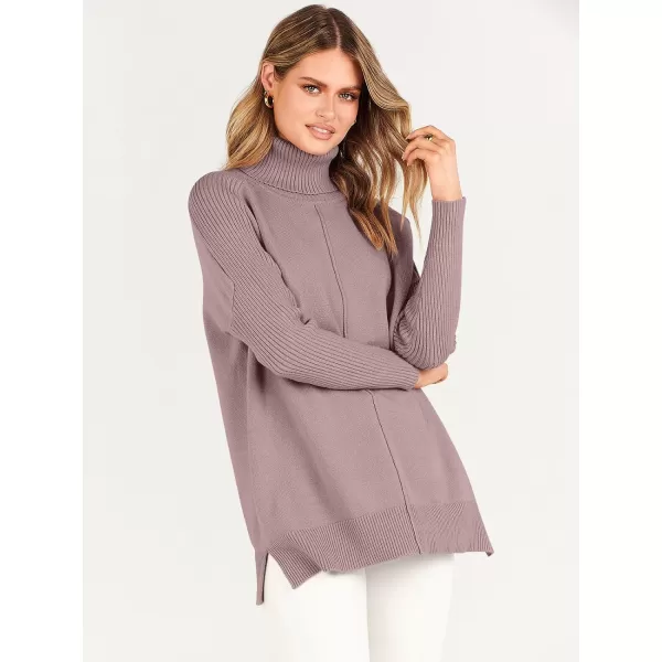imageANRABESS Womens Turtleneck Oversized Sweaters 2023 Fall Long Sleeve Knit Split Hem Tunic Pullover TopsNutmeg