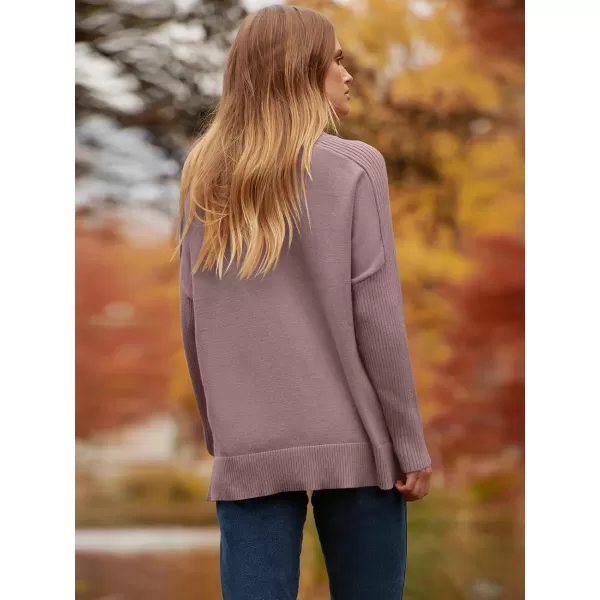 imageANRABESS Womens Turtleneck Oversized Sweaters 2023 Fall Long Sleeve Knit Split Hem Tunic Pullover TopsNutmeg