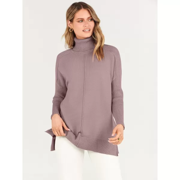imageANRABESS Womens Turtleneck Oversized Sweaters 2023 Fall Long Sleeve Knit Split Hem Tunic Pullover TopsNutmeg