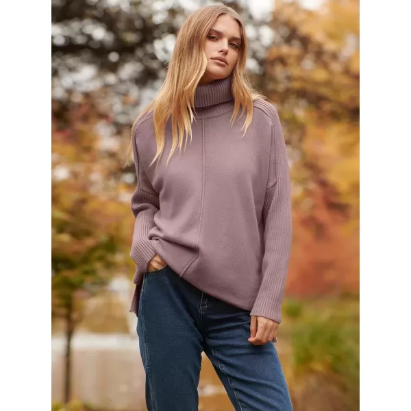 imageANRABESS Womens Turtleneck Oversized Sweaters 2023 Fall Long Sleeve Knit Split Hem Tunic Pullover TopsNutmeg