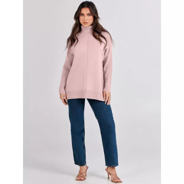 imageANRABESS Womens Turtleneck Oversized Sweaters 2023 Fall Long Sleeve Knit Split Hem Tunic Pullover TopsPink