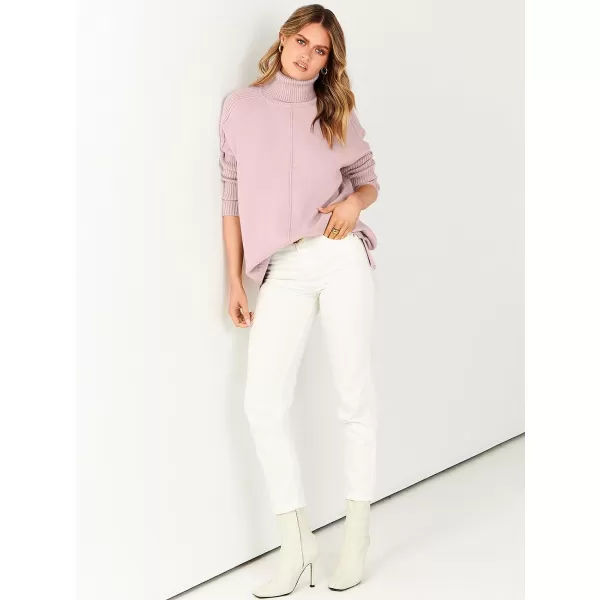 imageANRABESS Womens Turtleneck Oversized Sweaters 2023 Fall Long Sleeve Knit Split Hem Tunic Pullover TopsPink