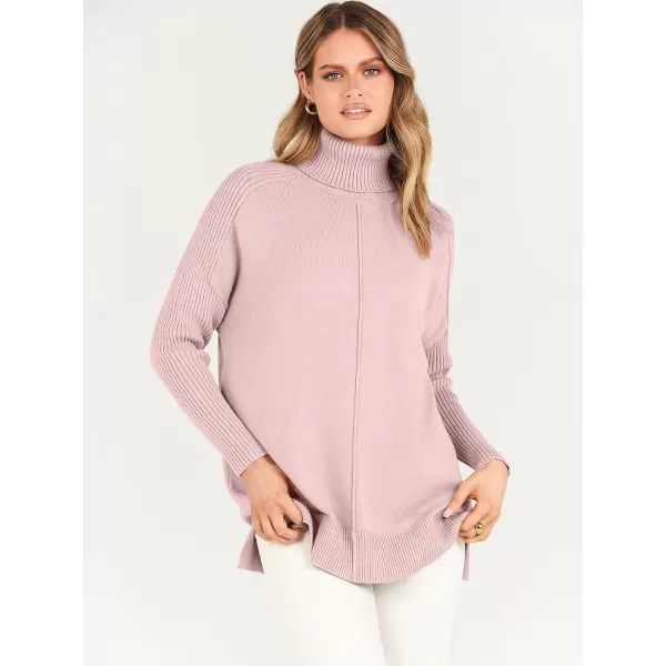 imageANRABESS Womens Turtleneck Oversized Sweaters 2023 Fall Long Sleeve Knit Split Hem Tunic Pullover TopsPink