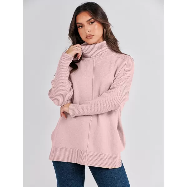 imageANRABESS Womens Turtleneck Oversized Sweaters 2023 Fall Long Sleeve Knit Split Hem Tunic Pullover TopsPink