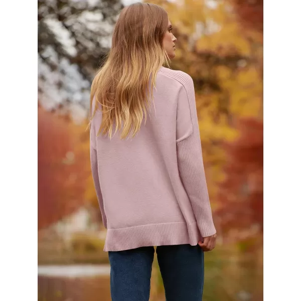 imageANRABESS Womens Turtleneck Oversized Sweaters 2023 Fall Long Sleeve Knit Split Hem Tunic Pullover TopsPink