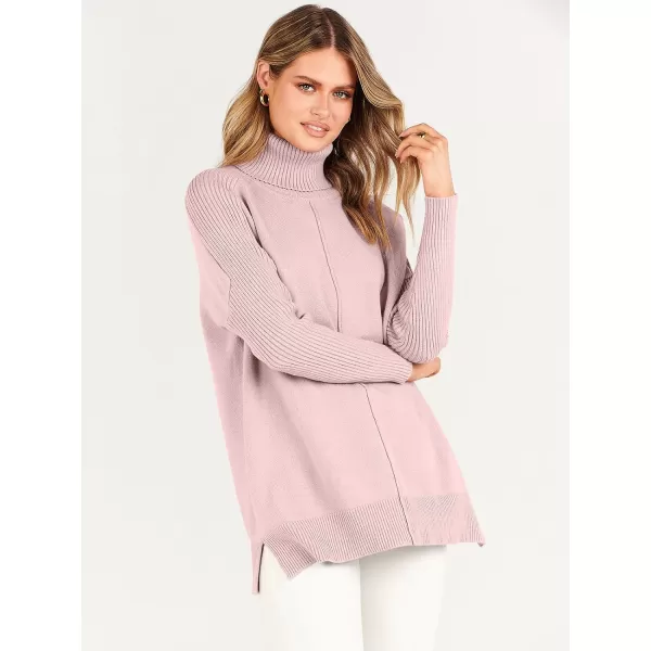imageANRABESS Womens Turtleneck Oversized Sweaters 2023 Fall Long Sleeve Knit Split Hem Tunic Pullover TopsPink