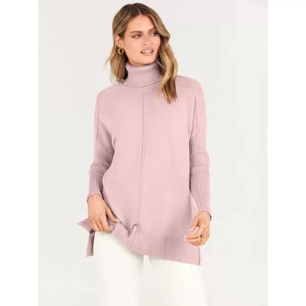 imageANRABESS Womens Turtleneck Oversized Sweaters 2023 Fall Long Sleeve Knit Split Hem Tunic Pullover TopsPink