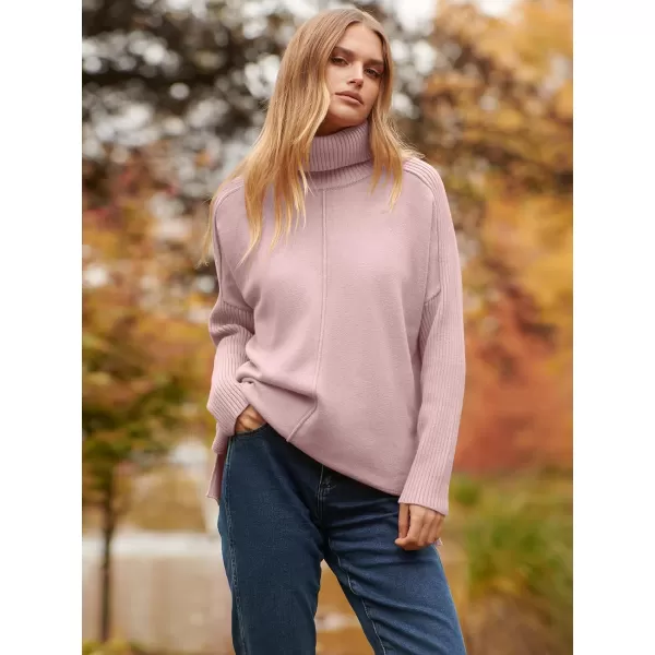 imageANRABESS Womens Turtleneck Oversized Sweaters 2023 Fall Long Sleeve Knit Split Hem Tunic Pullover TopsPink