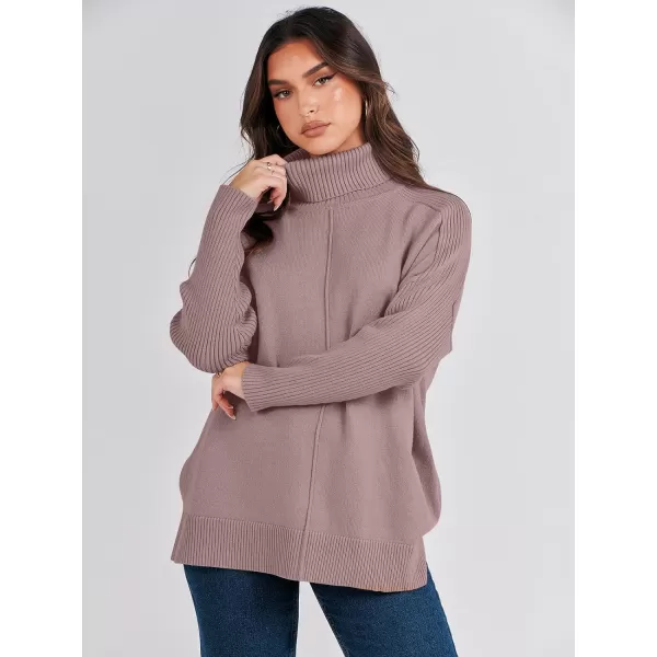 imageANRABESS Womens Turtleneck Oversized Sweaters 2023 Fall Long Sleeve Knit Split Hem Tunic Pullover TopsRed Apricot