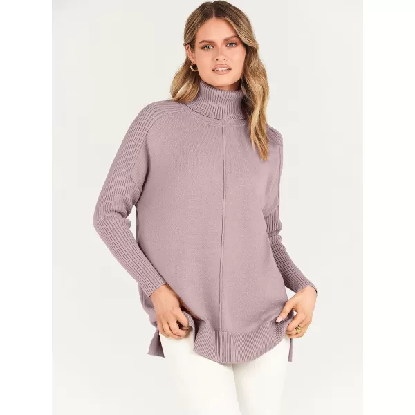 imageANRABESS Womens Turtleneck Oversized Sweaters 2023 Fall Long Sleeve Knit Split Hem Tunic Pullover TopsRed Apricot