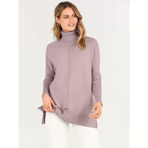 imageANRABESS Womens Turtleneck Oversized Sweaters 2023 Fall Long Sleeve Knit Split Hem Tunic Pullover TopsRed Apricot