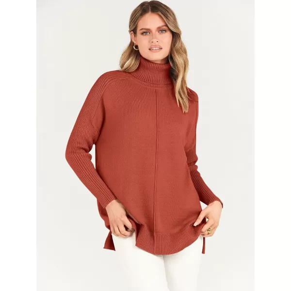 imageANRABESS Womens Turtleneck Oversized Sweaters 2023 Fall Long Sleeve Knit Split Hem Tunic Pullover TopsRust