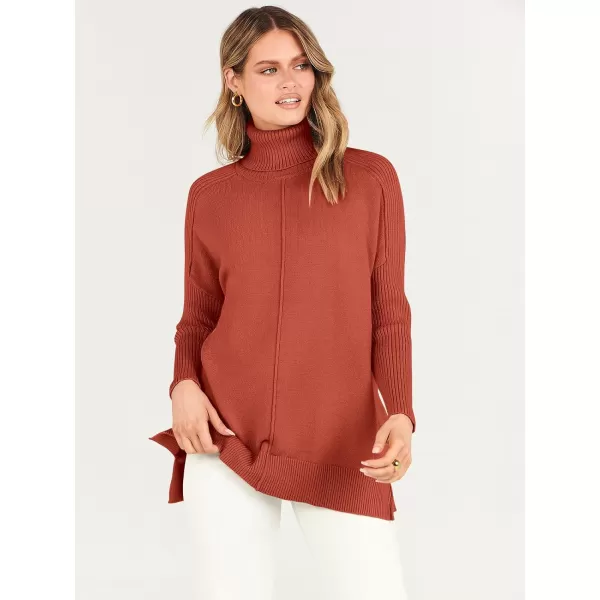 imageANRABESS Womens Turtleneck Oversized Sweaters 2023 Fall Long Sleeve Knit Split Hem Tunic Pullover TopsRust
