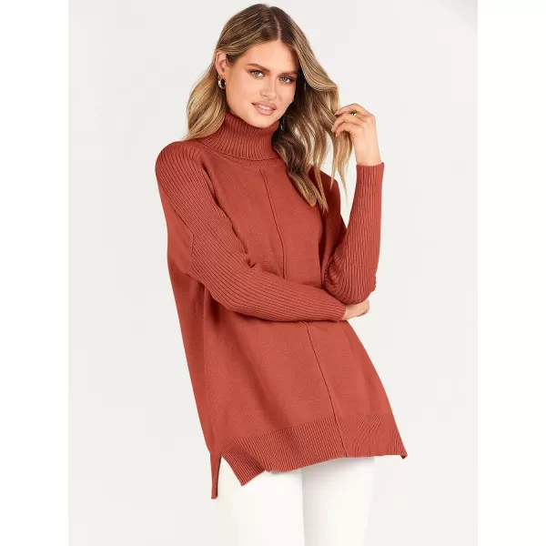 imageANRABESS Womens Turtleneck Oversized Sweaters 2023 Fall Long Sleeve Knit Split Hem Tunic Pullover TopsRust