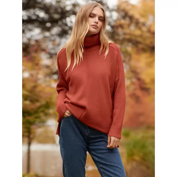 imageANRABESS Womens Turtleneck Oversized Sweaters 2023 Fall Long Sleeve Knit Split Hem Tunic Pullover TopsRust