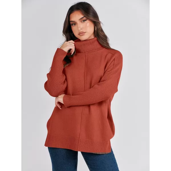 imageANRABESS Womens Turtleneck Oversized Sweaters 2023 Fall Long Sleeve Knit Split Hem Tunic Pullover TopsRust