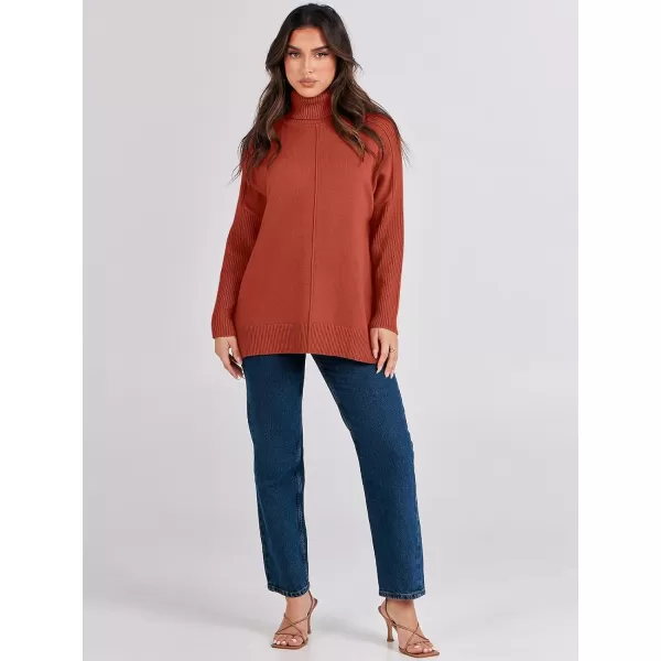 imageANRABESS Womens Turtleneck Oversized Sweaters 2023 Fall Long Sleeve Knit Split Hem Tunic Pullover TopsRust