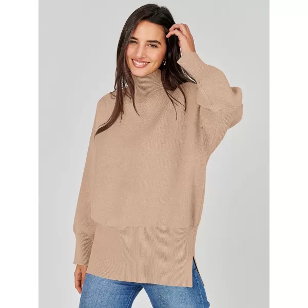 imageANRABESS Womens Turtleneck Oversized Sweaters Long Sleeve Chunky Side Slit Tunic Pullover Sweater Knit TopsLight Camel