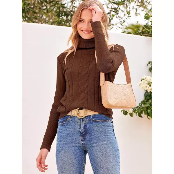 imageANRABESS Womens Turtleneck Sweaters Long Sleeve Cable Knit Pullover Sweaters TopBrown