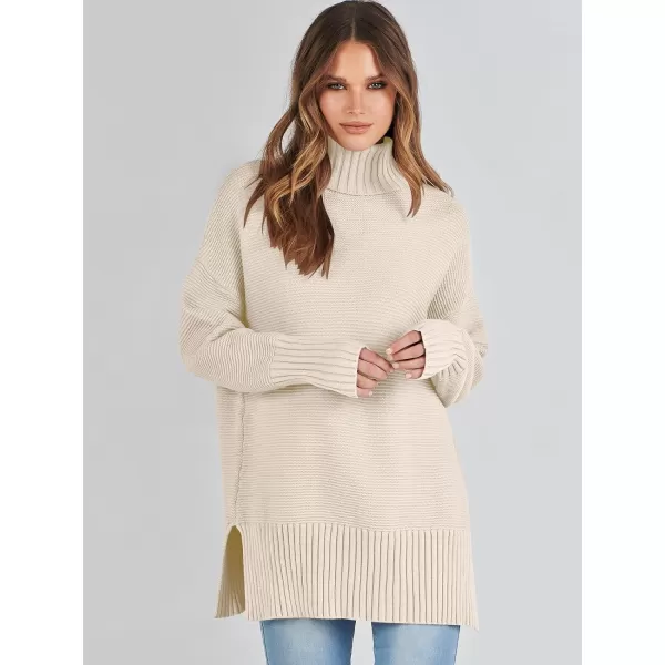 imageANRABESS Womens Turtleneck Sweaters Oversized Long Sleeve Split Hem Chunky Knit Casual Pullover Sweater Tops JumperApricot