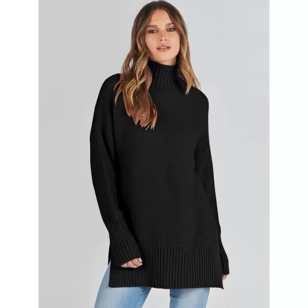 imageANRABESS Womens Turtleneck Sweaters Oversized Long Sleeve Split Hem Chunky Knit Casual Pullover Sweater Tops JumperBlack