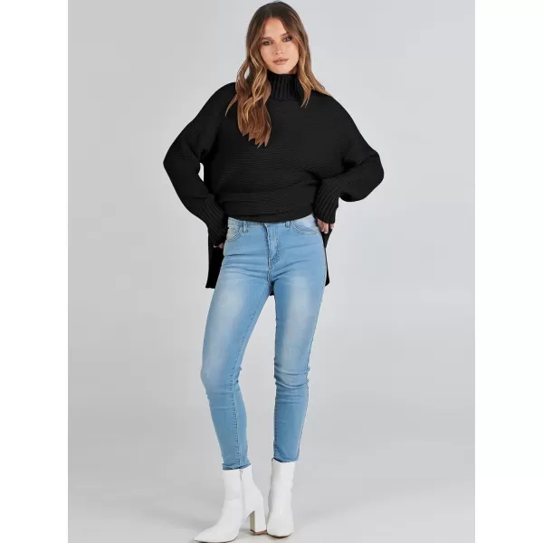 imageANRABESS Womens Turtleneck Sweaters Oversized Long Sleeve Split Hem Chunky Knit Casual Pullover Sweater Tops JumperBlack