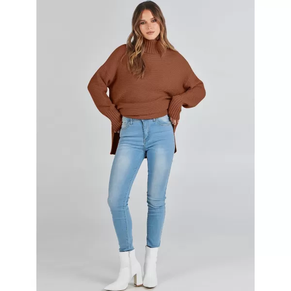 imageANRABESS Womens Turtleneck Sweaters Oversized Long Sleeve Split Hem Chunky Knit Casual Pullover Sweater Tops JumperBrown
