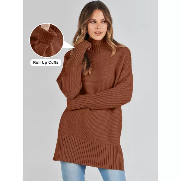 imageANRABESS Womens Turtleneck Sweaters Oversized Long Sleeve Split Hem Chunky Knit Casual Pullover Sweater Tops JumperBrown