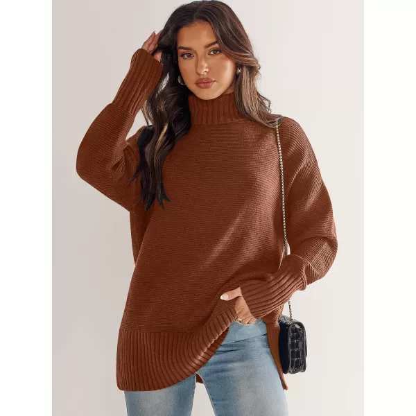 imageANRABESS Womens Turtleneck Sweaters Oversized Long Sleeve Split Hem Chunky Knit Casual Pullover Sweater Tops JumperBrown