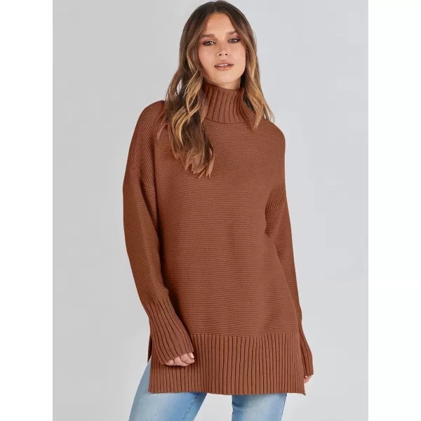 imageANRABESS Womens Turtleneck Sweaters Oversized Long Sleeve Split Hem Chunky Knit Casual Pullover Sweater Tops JumperBrown